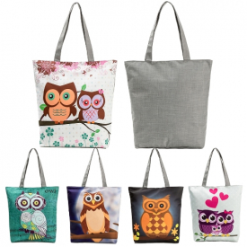 Women Shopping Shoulder Bag Totes Owls Print Zipper Pocket Large Capacity Tote Handbag