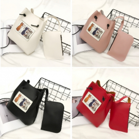 Cute Women Crossbody Bag Two Piece Set Contrast Cats Print Drawstring Shoulder Messenger Bag Clutch Bag