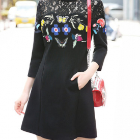Black Casual Appliqued Long Sleeve Stand Collar Mini Dress
