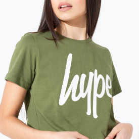 Hype Khaki White Script Kids Crop T-Shirt | Size 13