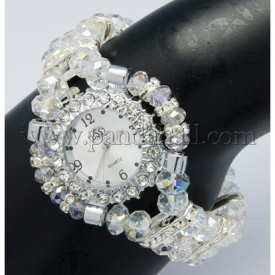 Watch Bracelets, Glass Crystal Beads, Alloy with Rhinestone Watch, Tow Rows, Clear, Size: about 41.5mm wide, 50mm inner diameter