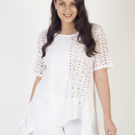 Chesca White Holey Mesh & Linen Top
