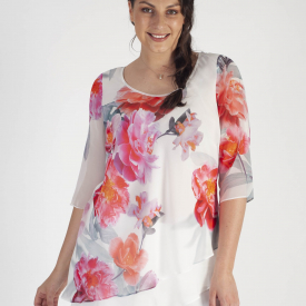 Ivory/Pink Peony Print Asymmetric Layered Chiffon Tunic