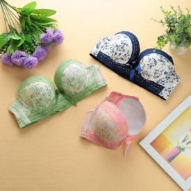 Sexy Women Girls Bra Floral Print Lace Bow 3/4 Cups Push Padded Adjustable Straps Underwire Lingerie Underwear Pink/Green/Blue
