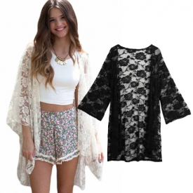 Women Lace Beach Top Swimsuit Cover Up See Through Cardigan Bikini Shirt Tunic Bathing Suit Beachwear Black/White