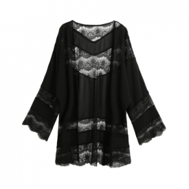 Women Chiffon Kimono Cardigan Floral Lace Boho Loose Outerwear Beachwear Cover Up Blouse Tops Black/Beige/White