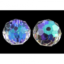Electroplate Glass Beads, Half AB Color Plated, Faceted, Rondelle, Clear AB, 12x8mm, Hole: 2mm