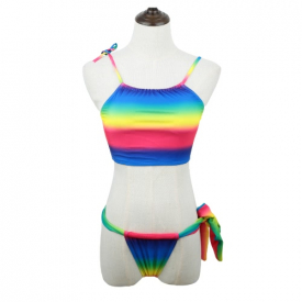Sexy Rainbow Tie Strap Top Thong Bottom Beach Swimwear Bikini Set for Women