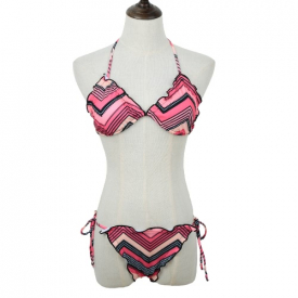 New Sexy Women Bikini Set Wave Striped Halterneck Padded Cup Ties Two-Piece Swimsuit Bathing Swimwear Pink