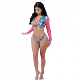 Women Mesh Long Sleeve Zip Front Tankini Swimsuit Floral Crop Swim Shirt Set Swimwear Bathing Suit Beachwear