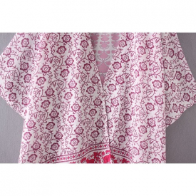 Fashion Women Chiffon Beach Kimono Vintage Mandala Floral Printed Bikini Cover Up Boho Bathing Outwear Jacket Blue/Rose