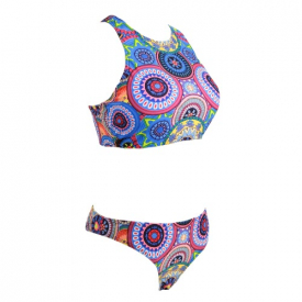 Sexy Women Circle Geometric Print Triangle Bikini Set Swimsuit Padded Bathing Suit Two Piece Swimwear Blue