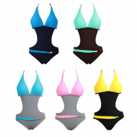 New Sexy Women One-piece Swimsuit Contrast Color Block Halter Backless Beach Swimwear Bathing Suit