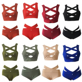 Sexy Women Bikini Set Swimsuit Cut Out Deep V-Neck High Waist Bandage Two Piece Swimwear Bathing Suit