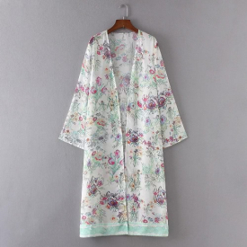 New Women Chiffon Loose Cardigan Open Front Floral Print Long Sleeves Thin Vintage Casual Outerwear Black/White