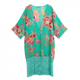 Sexy Women Bikini Cover Up Floral Print Tassels Chiffon Semi-sheer Bathing Suit Loose Long Swimwear Summer Beach Green