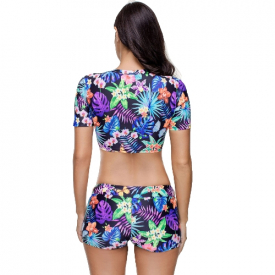 Women Two Piece Swimwear Mixed Floral Leaves Print Padded Wirless Short Sleeve Low Waist Boxers Swimsuit Set