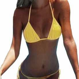 Sexy Women Bikini Set Solid Bandage Strappy Halter Top Thong Two-Piece Swimwear Beach Swimsuit Bathing Suit