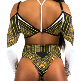Sexy Women Plus Size Bikini Set Print Cropped Top Long Sleeves High Waist Cut Out 2Pcs Swimsuit Swimwear