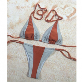 Sexy Women Bikini Set Contrast Color Block Bandage Strappy Halter Top Thong Two-Piece Swimwear Beach Swimsuit Bathing Suit