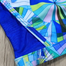 Women Bikini Set Mesh Geometric Printed Tank Swimsuit Cutout Low Waist Padded Swimwear Bathing Suit Blue