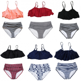 Women Bikini Set Ruffles High Waist Ruched Padded Wireless Two Piece Swimsuit Swimwear