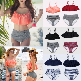 Women Bikini Set Ruffles High Waist Ruched Padded Wireless Two Piece Swimsuit Swimwear