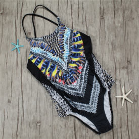 Women One Piece Swimsuit Hollow Out Printed Cross Backless Padded Swimwear Bathing Suit Black/Dark Blue