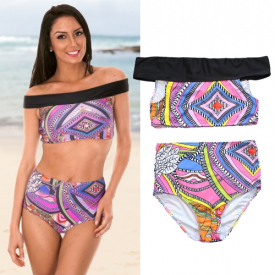 Boho Women Two Piece Bikini Set Off Shoulder Colorful Geometric Print Padded High Waist Sexy Swimsuit
