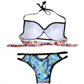 Women Bikini Set Geometric Print Cut Out Low Waist Halter Padded Two Piece Swimsuit Swimwear