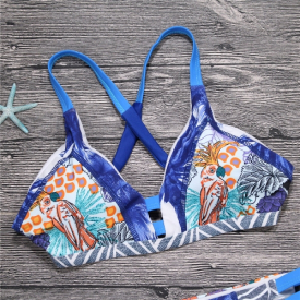 Sexy Women Brazilian Bikini Set Swimsuit Printed Swimwear Cut Out Bandage Padded Beach Wear Bathing Suit Blue