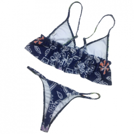 Sexy Women Brazilian Bikini Set Ruffle Swimsuit Flower Print Swimwear Beach Wear Two Piece Bathing Suit Red/Blue/Khaki
