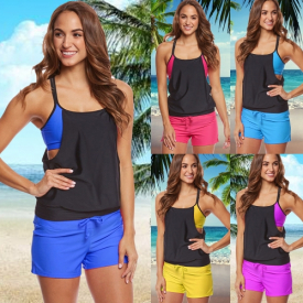 Sexy Women Two Piece Swimsuit Tankini Set Color Block Padded Vest Bottom Swimwear Bathing Suit