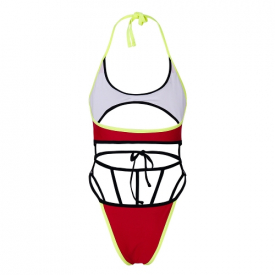 Sexy Women One-piece Swimsuit Contrast Color Cross Bandage Halter Monokini Swimwear Bathing Suit Orange/Blue/Red