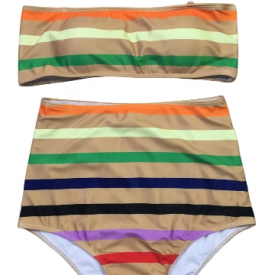 Women Stripe High Waist Bikini Set Off Shoulder Push Up Padded Swimsuit Swimwear Bathing Suit