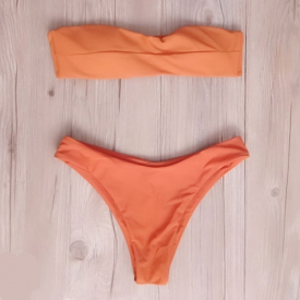 Women Bikini Set Strapless Bandeau Solid Color Leopard Print Padded Low Waist Tie Sexy Two Piece Swimwear