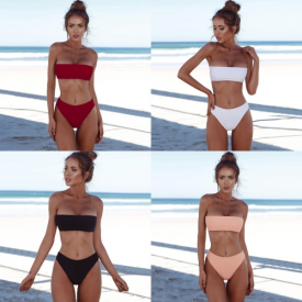 Women High Waist Bikini Set Off Shoulder Push Up Padded Swimsuit Swimwear Solid Bathing Suit