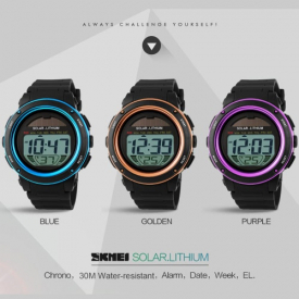 SKMEI Brand Solar Powered Digital Men Women Sports Military Watch 3ATM Water-resistant Unisex Wristwatch with Chronograph Backlight