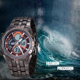 ASJ Men’s Business Sport Military Wrap Wrist Quartz Watch Dual Japanese Movement Analog Digital Display Time Date Day Alarm Chronograph Stainless Steel Strap Band 3ATM Water Resistant