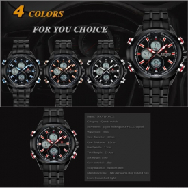 NAVIFORCE Dual-time 3ATM Water Resistant Stainless Steel Men’s Quartz Digital Sports Military Wristwatch with Calendar/Alarm/Stop Watch/Luminous Function