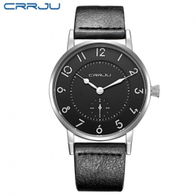 CRRJU Genuine Leather Strap 3ATM Daily Water Resistant Men Analog Watch Simple Wristwatch with Arabic Numeral Hour Marker