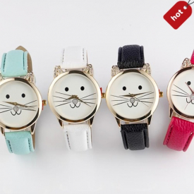 New Fashion Women All-match Accessory Neutral Diamond Lovely Cats Face Faux Leather band Quartz Watch
