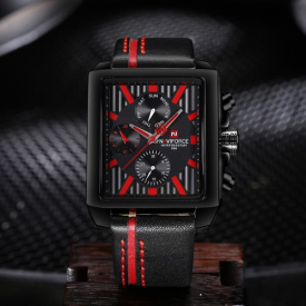 NAVIFORCE Luxury Genuine Leather Quartz Men Watch Square Dial 3ATM Water-Proof Man Casual Wristwatch with Sub-dials + Box