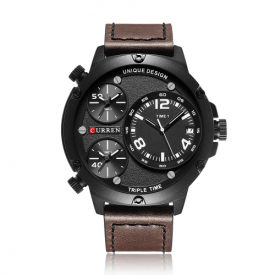 CURREN Cool Three Time Zone Quartz Men Watch Water-Proof Sports Style Chrono PU Band Man Casual Wristwatch
