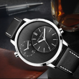 MINI FOCUS Fashion Genuine Leather Dual Display Men Watches Dual Quartz 3ATM Water-resistant Luminous Casual Man Wristwatch