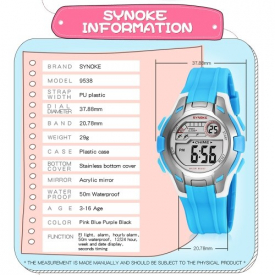 SYNOKE Sport Children Wrist Watches LED Digital Stopwatch Alarm Luminous Water Resistant Girl Boy Watch