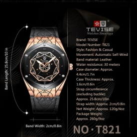 TEVISE T821 Men Brand Watch Automatic Mechanical Watch Waterproof Leather Strap Alloy Case Reinforced Glass Luminous Wrist Watch