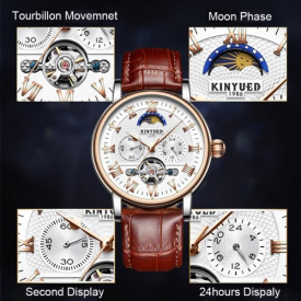 KINYUED JYD-J029 Men Wrist Watch Automatic Mechanical Watch Leather Strap Moon Phase luminous Self-Wind Band with Gift Box