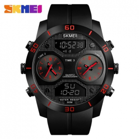 SKMEI 1355 Men Quartz 3 Time Chrono Watches Countdown Analog Digital Display Wristwatch 5ATM Waterproof Fashion Casual Backlight Multifunctional Watches