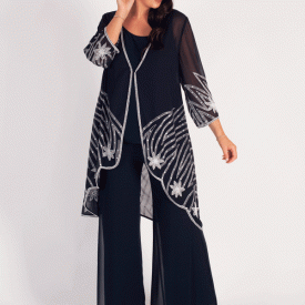 Navy Beaded Floral Motif & Embroidered Chiffon Coat with Scalloped Hem